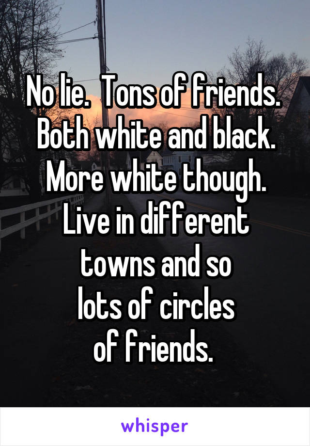 No lie.  Tons of friends.  Both white and black.
More white though.
Live in different
towns and so
lots of circles
of friends. 