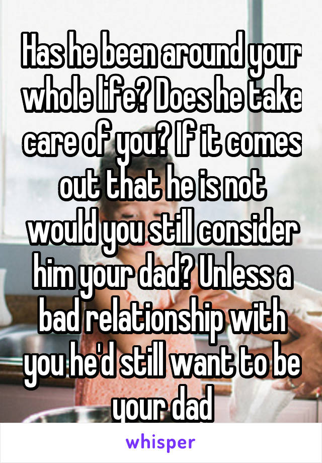 Has he been around your whole life? Does he take care of you? If it comes out that he is not would you still consider him your dad? Unless a bad relationship with you he'd still want to be your dad