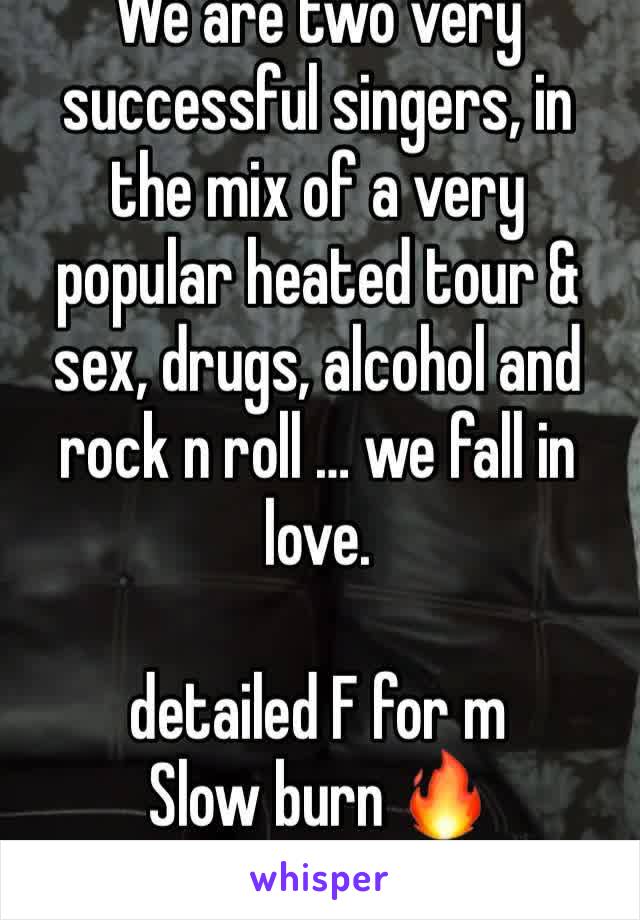 We are two very successful singers, in the mix of a very popular heated tour & sex, drugs, alcohol and rock n roll … we fall in love. 

detailed F for m 
Slow burn 🔥