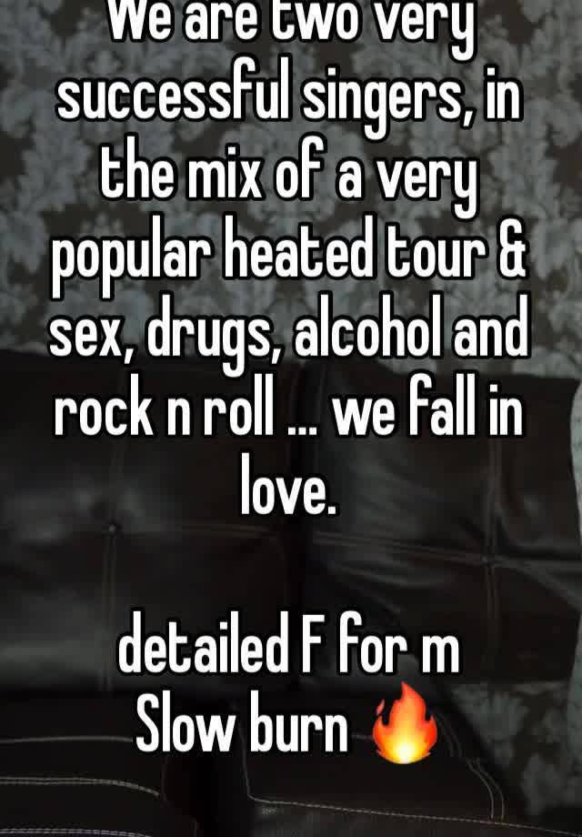 We are two very successful singers, in the mix of a very popular heated tour & sex, drugs, alcohol and rock n roll … we fall in love. 

detailed F for m 
Slow burn 🔥