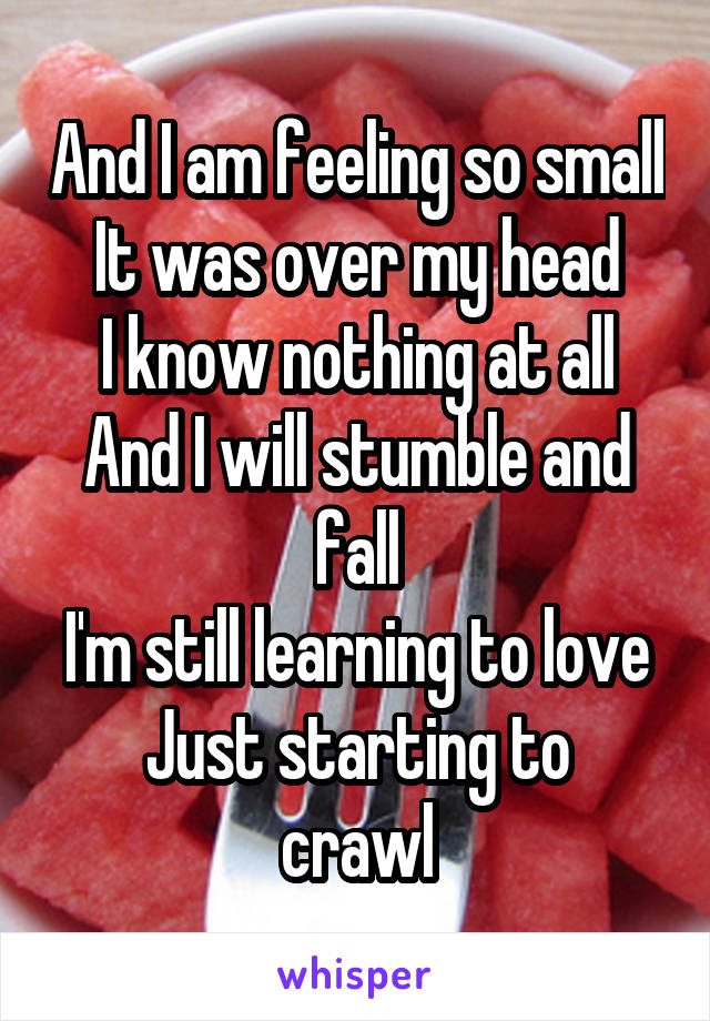 And I am feeling so small
It was over my head
I know nothing at all
And I will stumble and fall
I'm still learning to love
Just starting to crawl