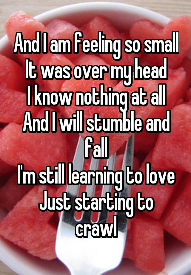 And I am feeling so small
It was over my head
I know nothing at all
And I will stumble and fall
I'm still learning to love
Just starting to crawl