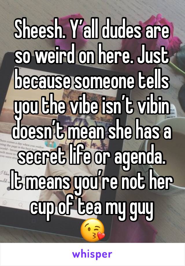 Sheesh. Y’all dudes are so weird on here. Just because someone tells you the vibe isn’t vibin doesn’t mean she has a secret life or agenda. 
It means you’re not her cup of tea my guy 
😘