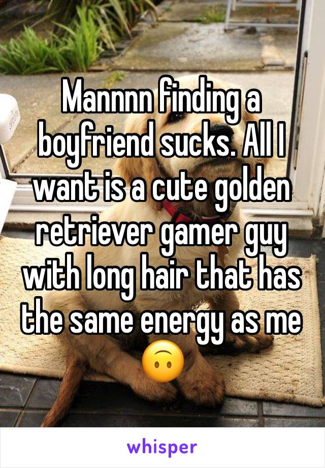 Mannnn finding a boyfriend sucks. All I want is a cute golden retriever gamer guy with long hair that has the same energy as me 🙃