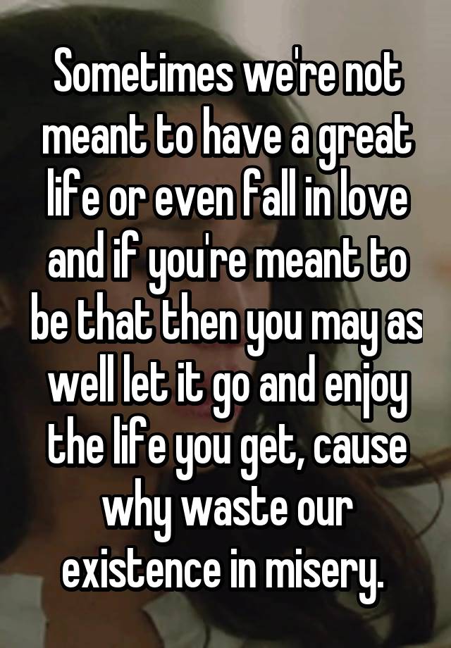 Sometimes we're not meant to have a great life or even fall in love and if you're meant to be that then you may as well let it go and enjoy the life you get, cause why waste our existence in misery. 