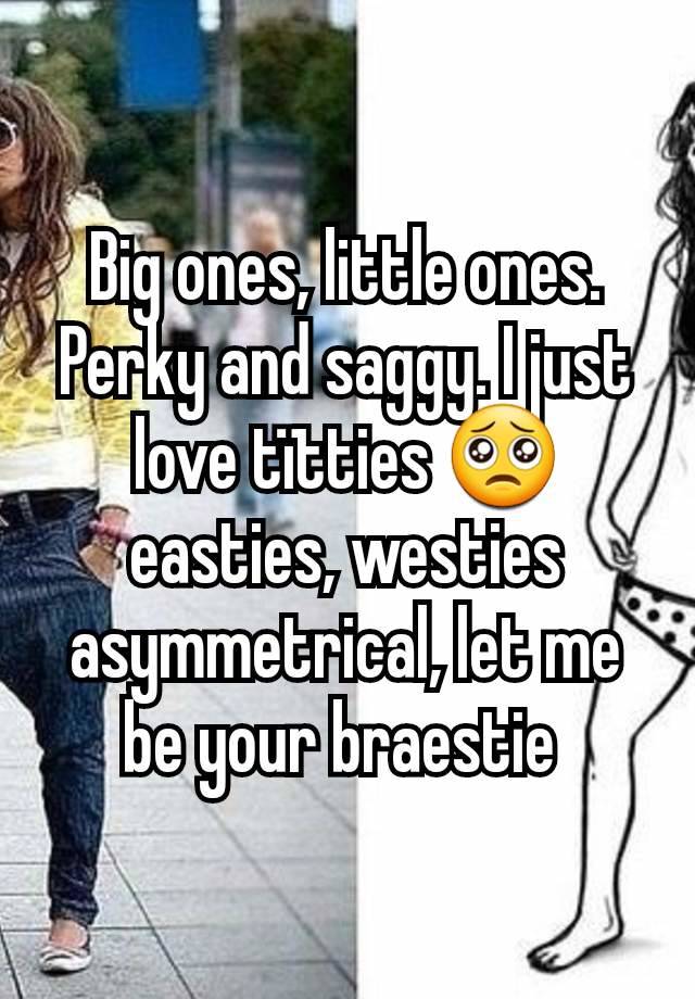 Big ones, little ones. Perky and saggy. I just love tïtties 🥺 easties, westies asymmetrical, let me be your braestie 