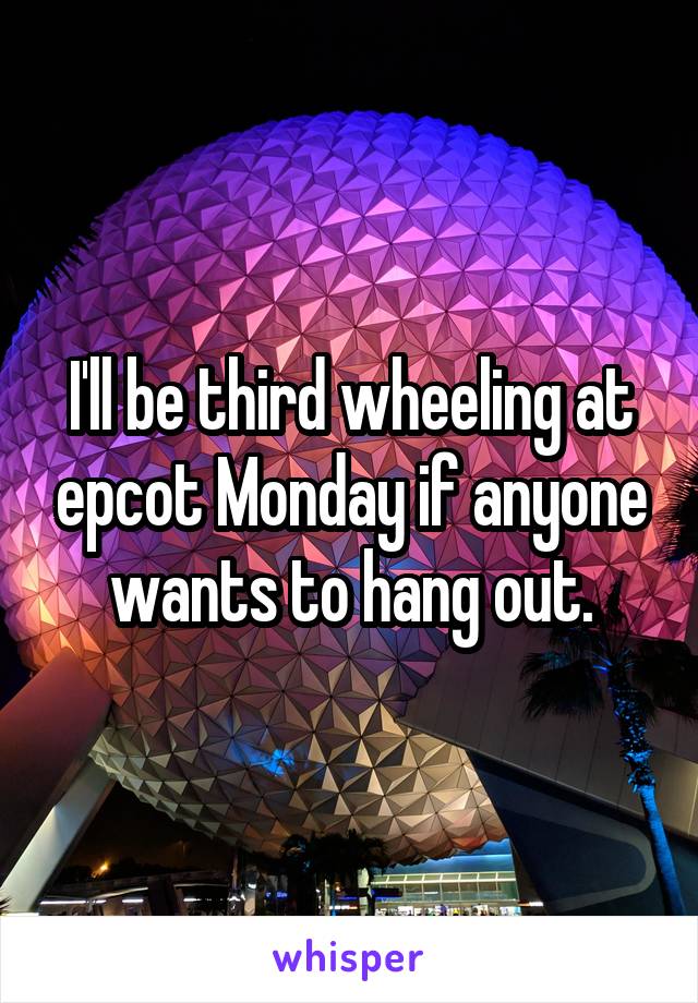 I'll be third wheeling at epcot Monday if anyone wants to hang out.