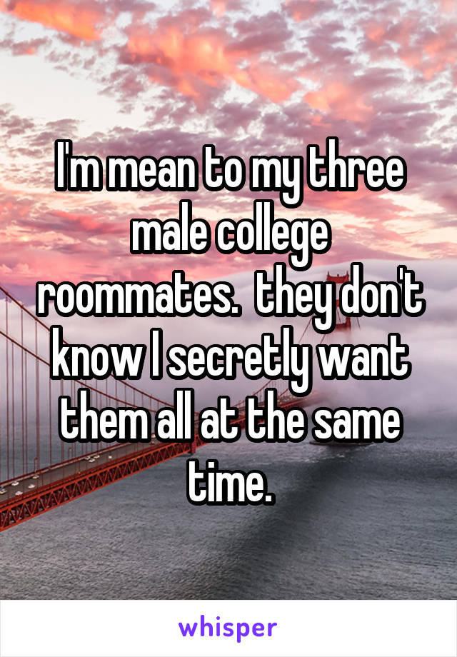 I'm mean to my three male college roommates.  they don't know I secretly want them all at the same time.