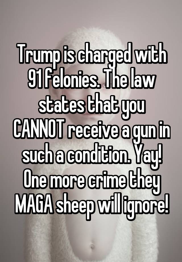 Trump is charged with 91 felonies. The law states that you CANNOT receive a gun in such a condition. Yay! One more crime they MAGA sheep will ignore!