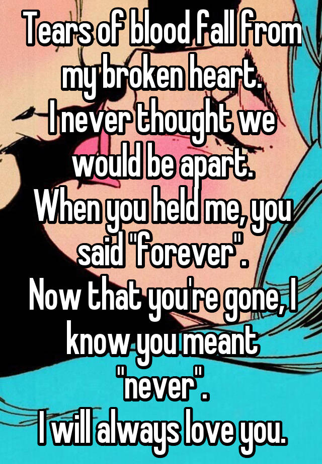 Tears of blood fall from my broken heart.
I never thought we would be apart.
When you held me, you said "forever".
Now that you're gone, I know you meant "never".
I will always love you.