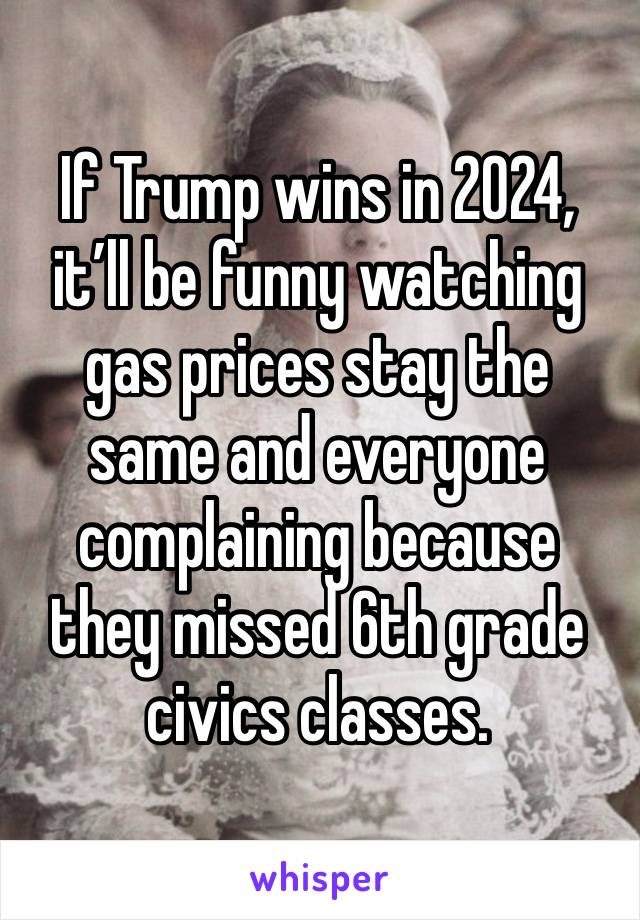 If Trump wins in 2024, it’ll be funny watching gas prices stay the same and everyone complaining because they missed 6th grade civics classes. 