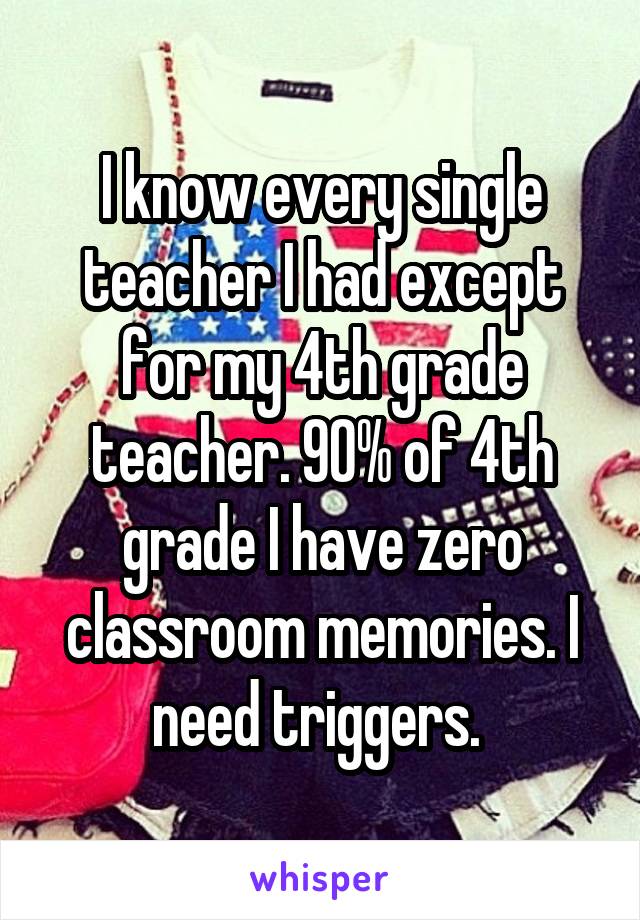 I know every single teacher I had except for my 4th grade teacher. 90% of 4th grade I have zero classroom memories. I need triggers. 