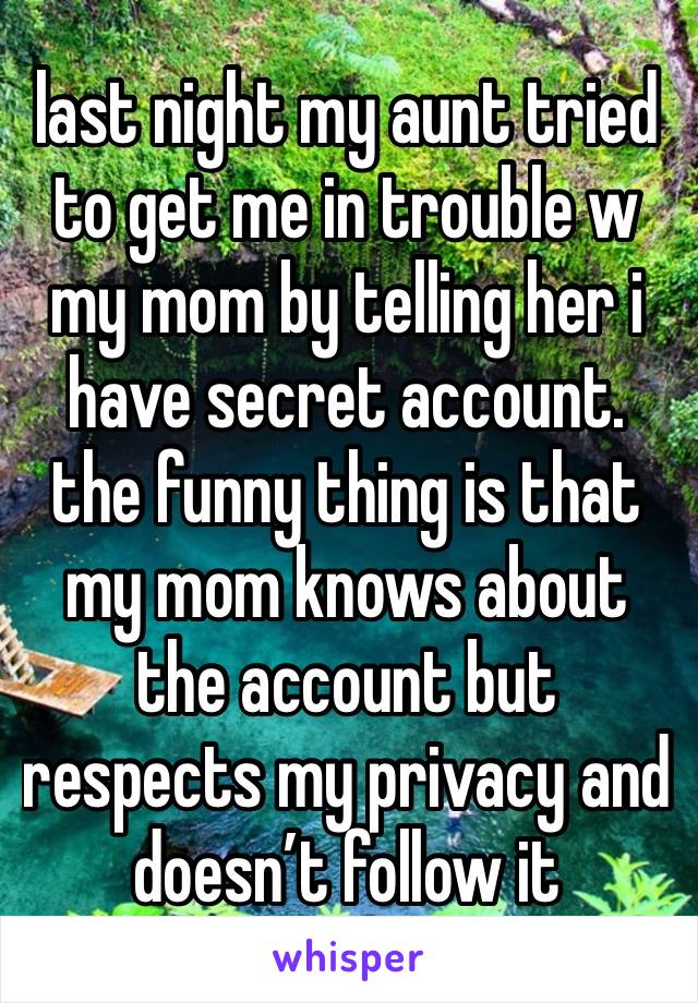 last night my aunt tried to get me in trouble w my mom by telling her i have secret account. the funny thing is that my mom knows about the account but respects my privacy and doesn’t follow it