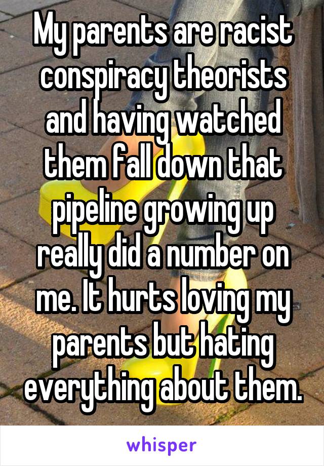 My parents are racist conspiracy theorists and having watched them fall down that pipeline growing up really did a number on me. It hurts loving my parents but hating everything about them. 