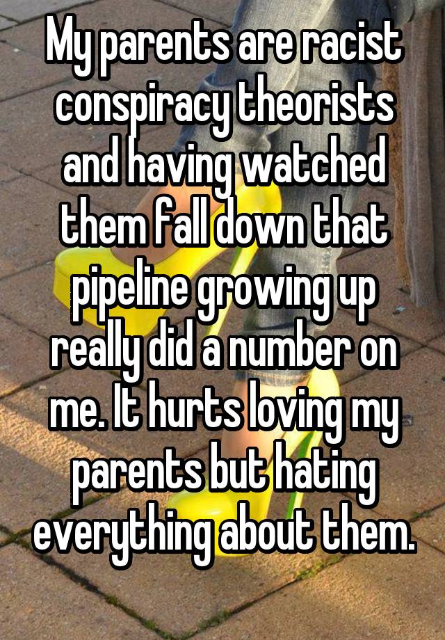 My parents are racist conspiracy theorists and having watched them fall down that pipeline growing up really did a number on me. It hurts loving my parents but hating everything about them. 