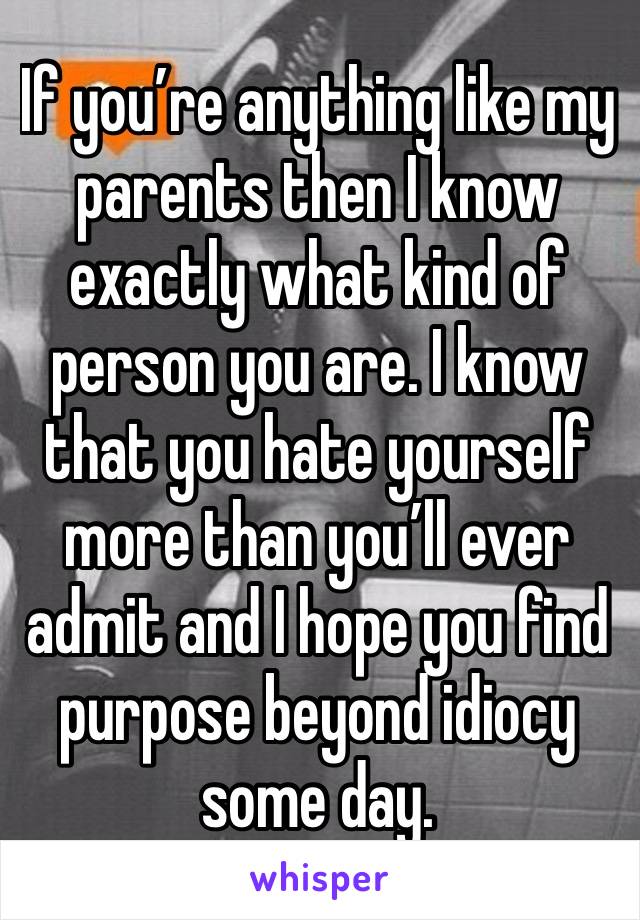 If you’re anything like my parents then I know exactly what kind of person you are. I know that you hate yourself more than you’ll ever admit and I hope you find purpose beyond idiocy some day.