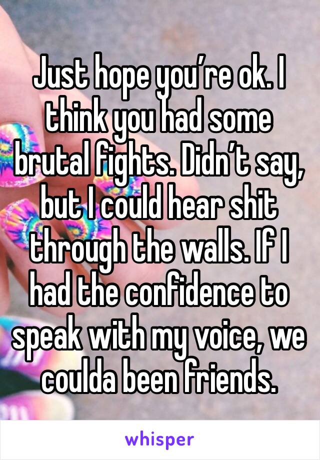 Just hope you’re ok. I think you had some brutal fights. Didn’t say, but I could hear shit through the walls. If I had the confidence to speak with my voice, we coulda been friends.