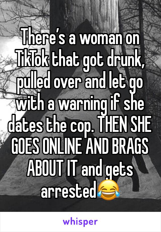 There’s a woman on TikTok that got drunk, pulled over and let go with a warning if she dates the cop. THEN SHE GOES ONLINE AND BRAGS ABOUT IT and gets arrested😂