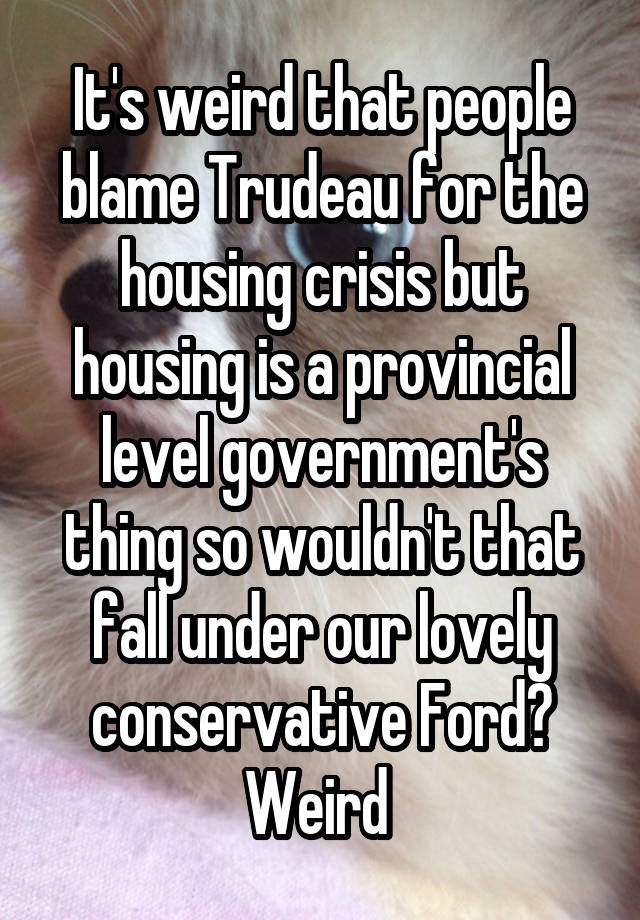 It's weird that people blame Trudeau for the housing crisis but housing is a provincial level government's thing so wouldn't that fall under our lovely conservative Ford? Weird 