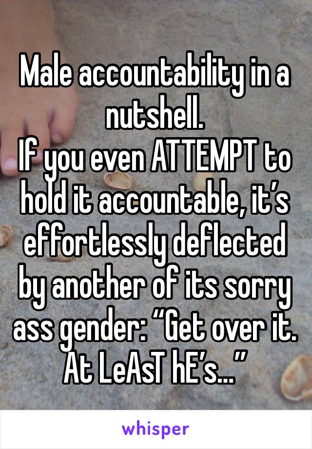 Male accountability in a nutshell. 
If you even ATTEMPT to hold it accountable, it’s effortlessly deflected by another of its sorry ass gender: “Get over it. At LeAsT hE’s…”