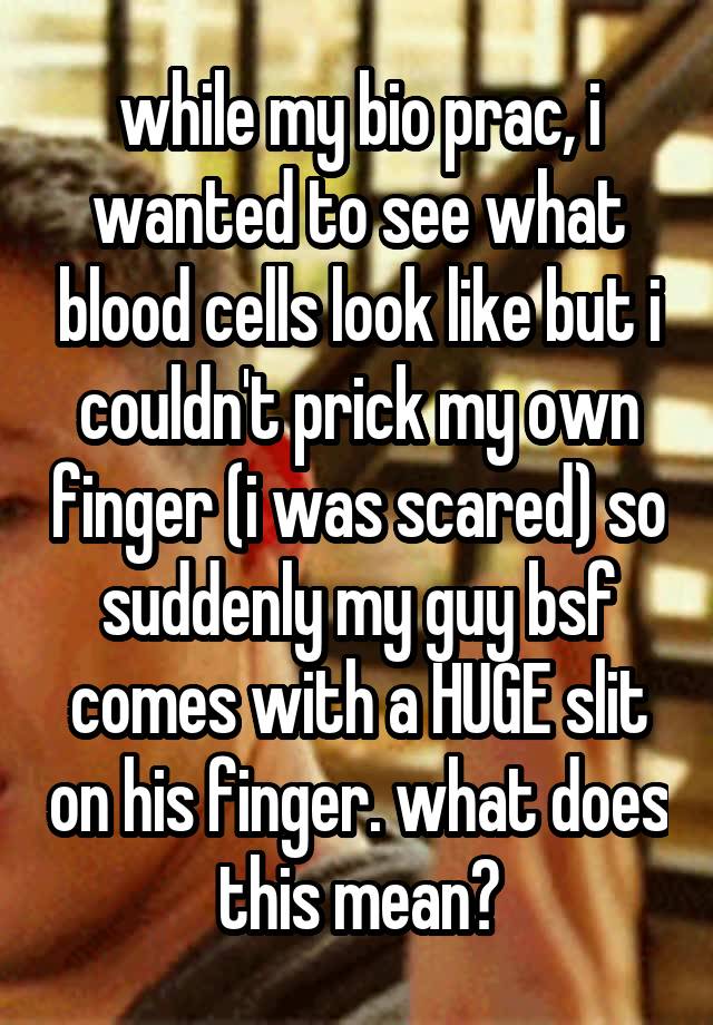 while my bio prac, i wanted to see what blood cells look like but i couldn't prick my own finger (i was scared) so suddenly my guy bsf comes with a HUGE slit on his finger. what does this mean?