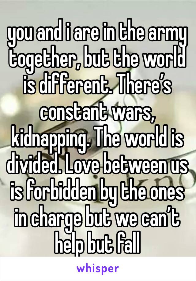 you and i are in the army together, but the world is different. There’s constant wars, kidnapping. The world is divided. Love between us is forbidden by the ones in charge but we can’t help but fall