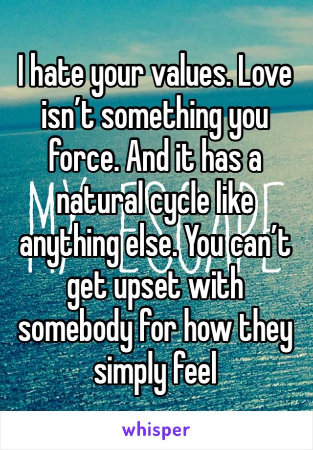 I hate your values. Love isn’t something you force. And it has a natural cycle like anything else. You can’t get upset with somebody for how they simply feel 