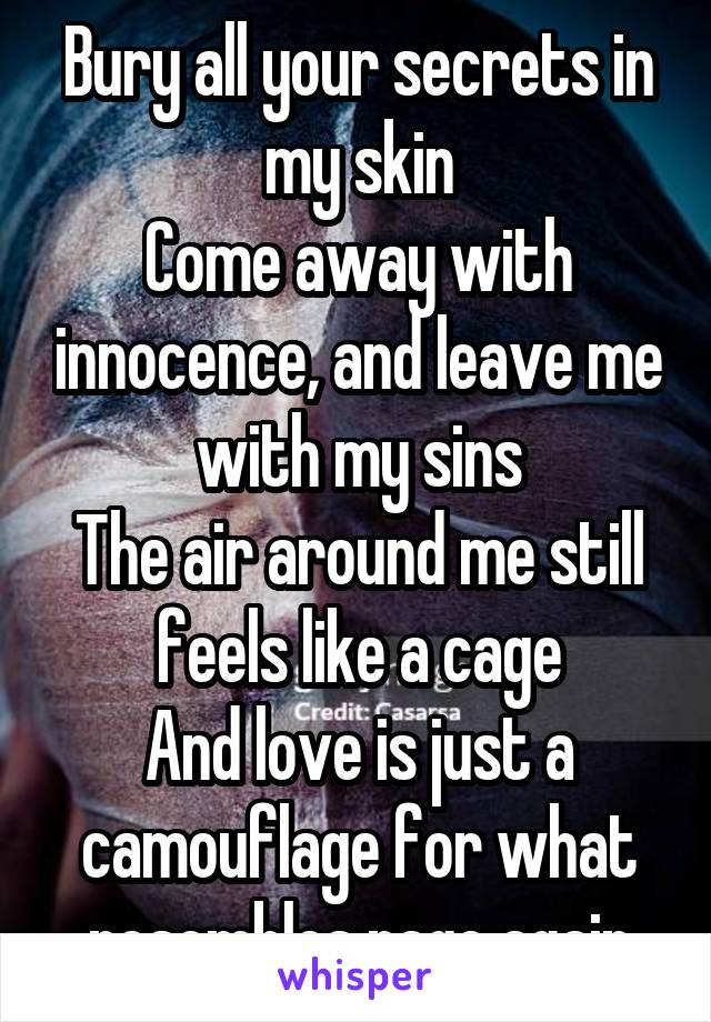 Bury all your secrets in my skin
Come away with innocence, and leave me with my sins
The air around me still feels like a cage
And love is just a camouflage for what resembles rage again