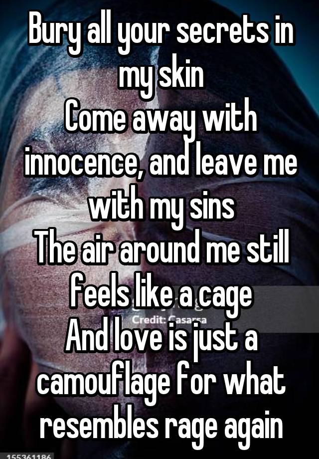 Bury all your secrets in my skin
Come away with innocence, and leave me with my sins
The air around me still feels like a cage
And love is just a camouflage for what resembles rage again