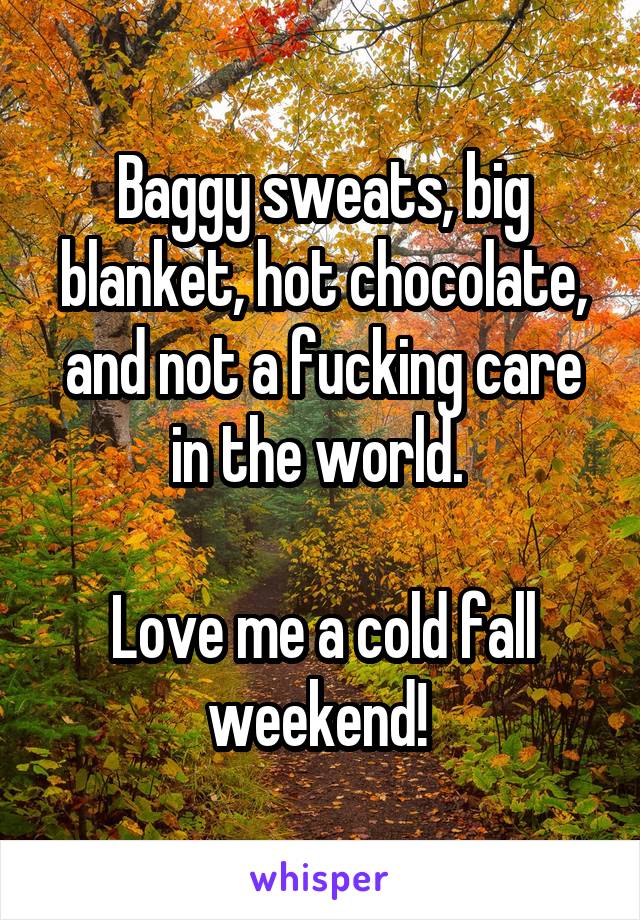 Baggy sweats, big blanket, hot chocolate, and not a fucking care in the world. 

Love me a cold fall weekend! 