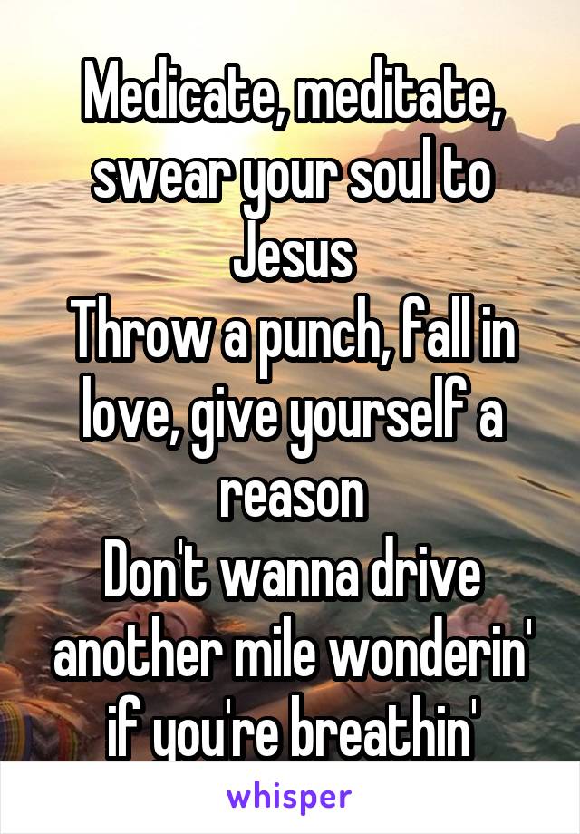 Medicate, meditate, swear your soul to Jesus
Throw a punch, fall in love, give yourself a reason
Don't wanna drive another mile wonderin' if you're breathin'