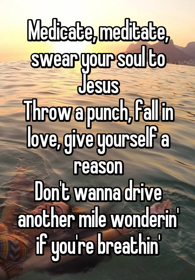 Medicate, meditate, swear your soul to Jesus
Throw a punch, fall in love, give yourself a reason
Don't wanna drive another mile wonderin' if you're breathin'