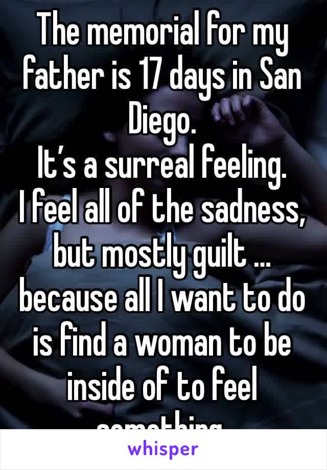 The memorial for my father is 17 days in San Diego.
It’s a surreal feeling.
I feel all of the sadness, but mostly guilt … because all I want to do is find a woman to be inside of to feel something.