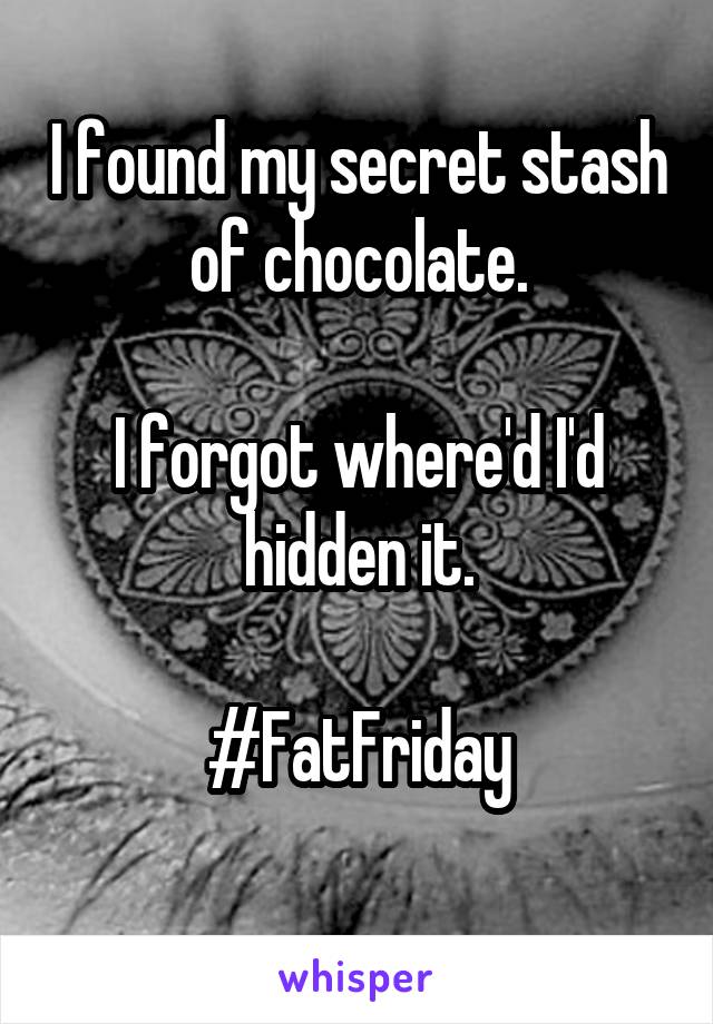 I found my secret stash of chocolate.

I forgot where'd I'd hidden it.

#FatFriday
