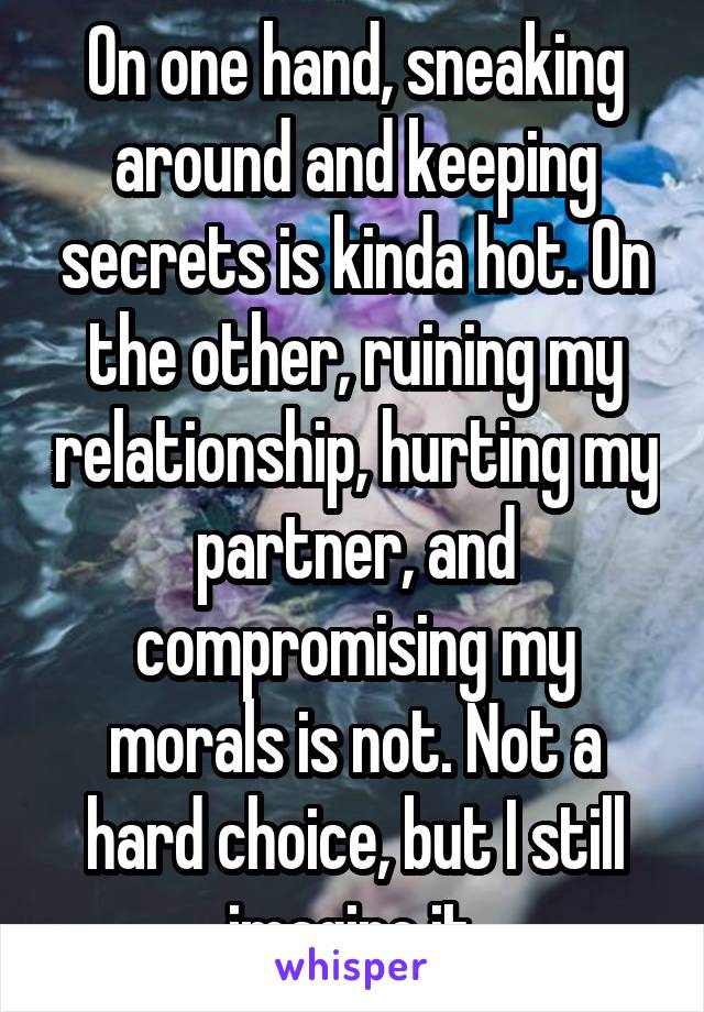 On one hand, sneaking around and keeping secrets is kinda hot. On the other, ruining my relationship, hurting my partner, and compromising my morals is not. Not a hard choice, but I still imagine it.