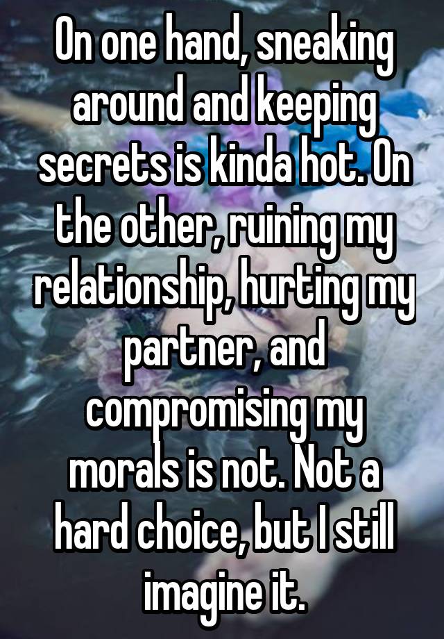 On one hand, sneaking around and keeping secrets is kinda hot. On the other, ruining my relationship, hurting my partner, and compromising my morals is not. Not a hard choice, but I still imagine it.