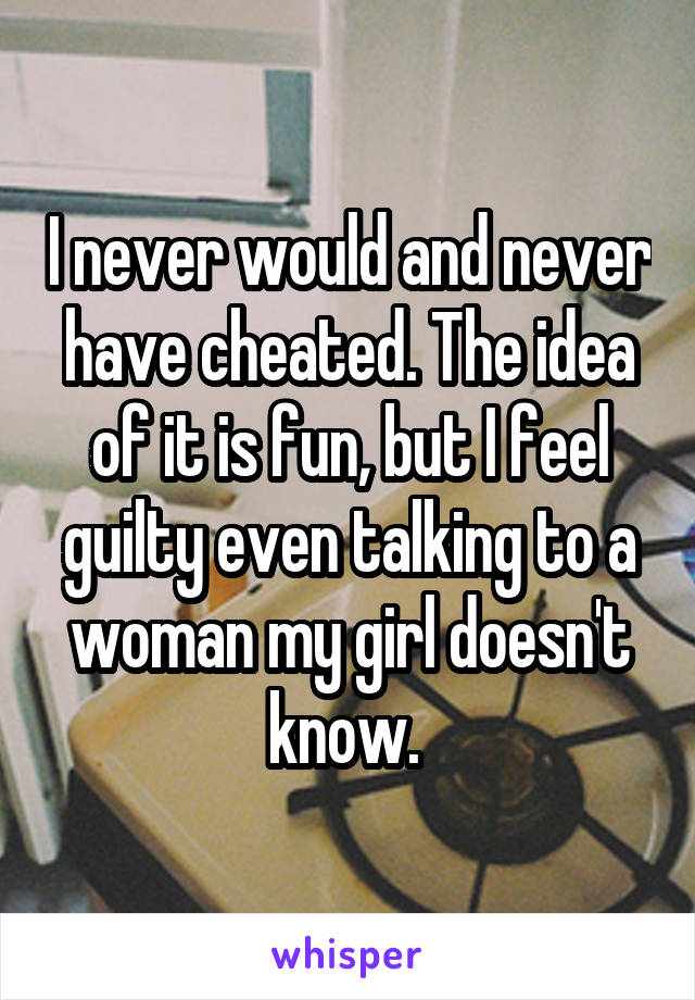 I never would and never have cheated. The idea of it is fun, but I feel guilty even talking to a woman my girl doesn't know. 