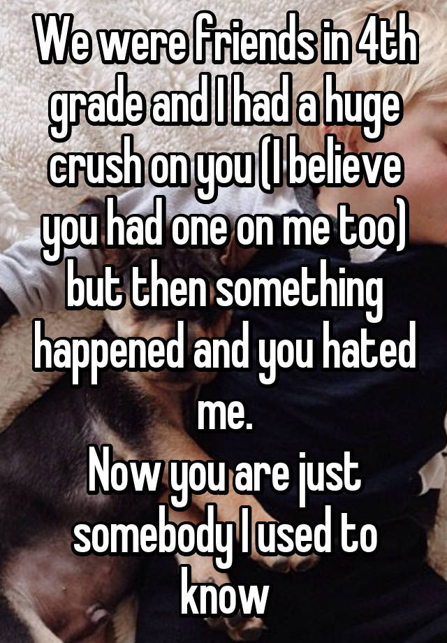 We were friends in 4th grade and I had a huge crush on you (I believe you had one on me too) but then something happened and you hated me.
Now you are just somebody I used to know