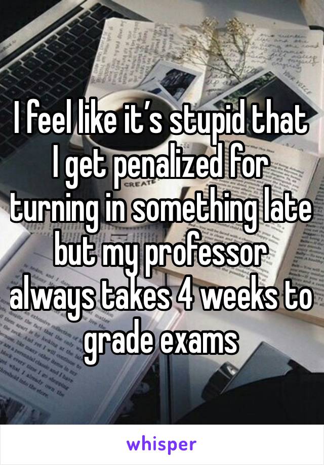 I feel like it’s stupid that I get penalized for turning in something late but my professor always takes 4 weeks to grade exams  