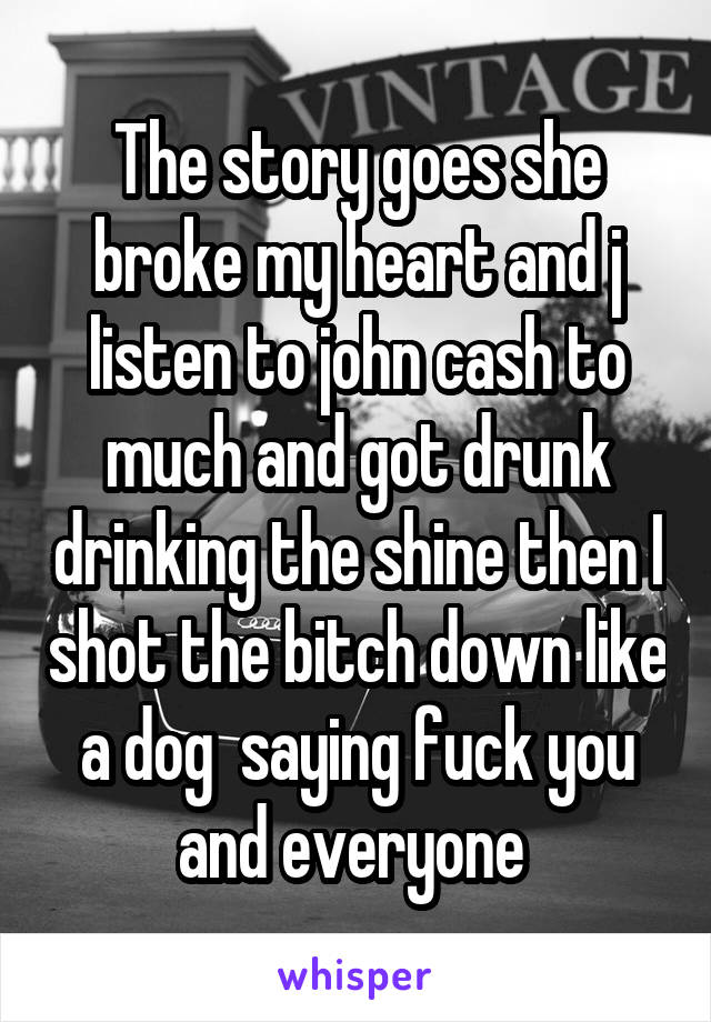 The story goes she broke my heart and j listen to john cash to much and got drunk drinking the shine then I shot the bitch down like a dog  saying fuck you and everyone 