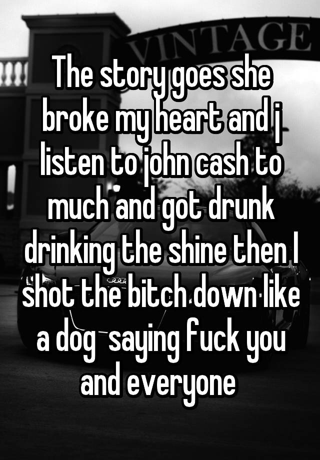 The story goes she broke my heart and j listen to john cash to much and got drunk drinking the shine then I shot the bitch down like a dog  saying fuck you and everyone 