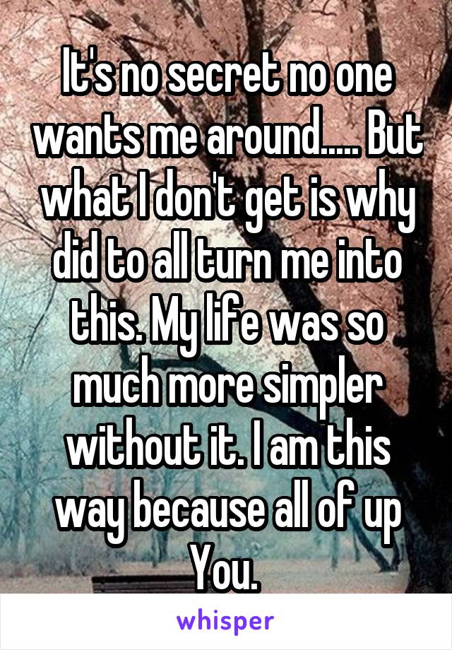 It's no secret no one wants me around..... But what I don't get is why did to all turn me into this. My life was so much more simpler without it. I am this way because all of up
You. 