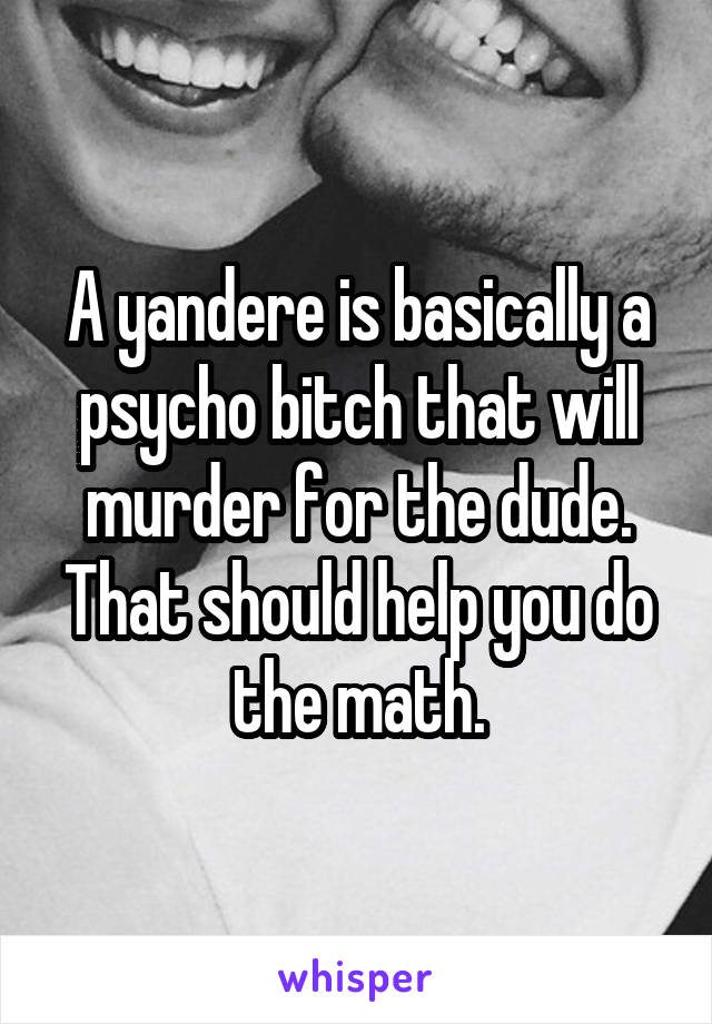 A yandere is basically a psycho bitch that will murder for the dude. That should help you do the math.