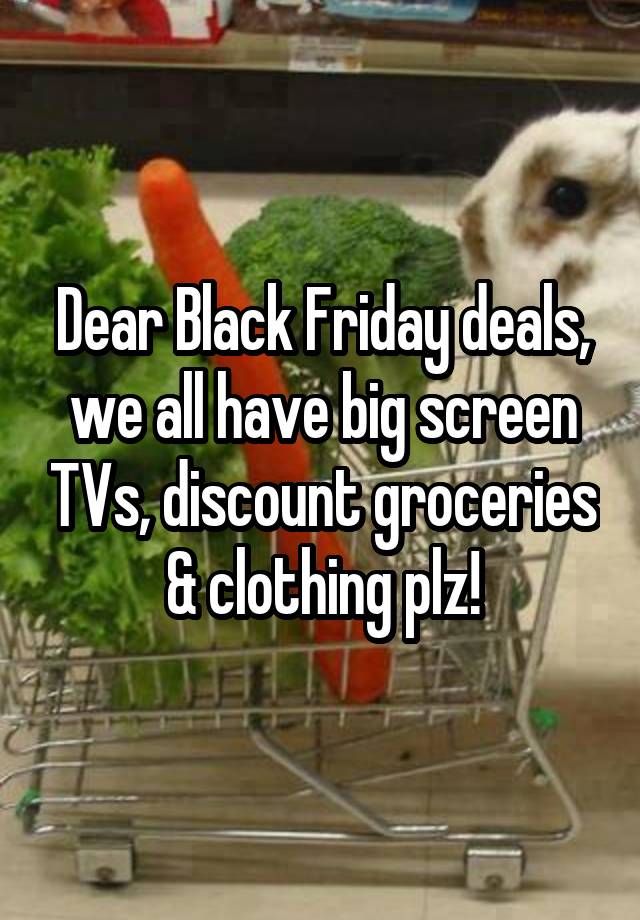 Dear Black Friday deals, we all have big screen TVs, discount groceries & clothing plz!