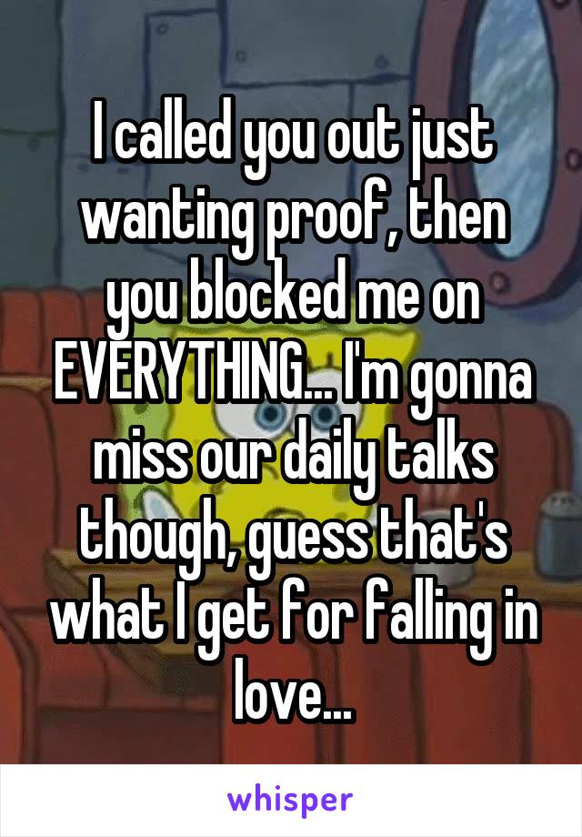 I called you out just wanting proof, then you blocked me on EVERYTHING... I'm gonna miss our daily talks though, guess that's what I get for falling in love...