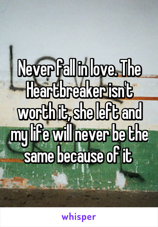 Never fall in love. The Heartbreaker isn't worth it, she left and my life will never be the same because of it 