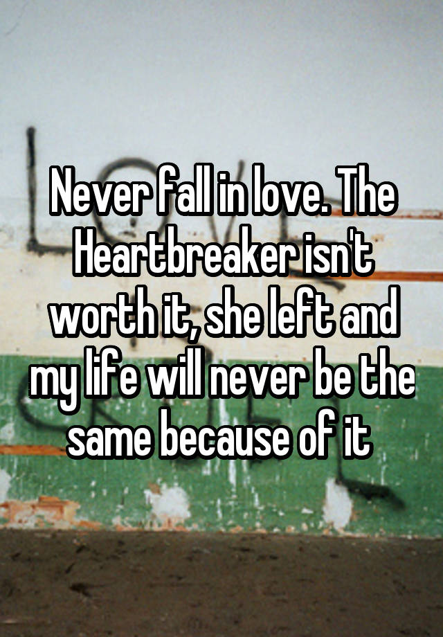 Never fall in love. The Heartbreaker isn't worth it, she left and my life will never be the same because of it 