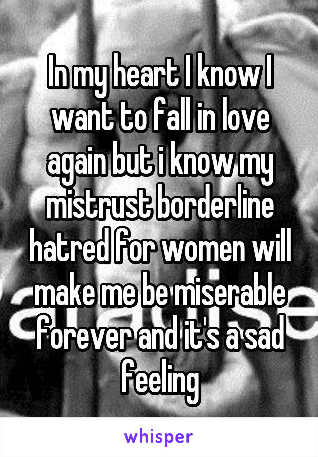 In my heart I know I want to fall in love again but i know my mistrust borderline hatred for women will make me be miserable forever and it's a sad feeling