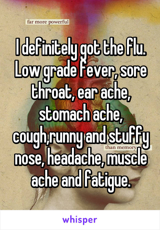 I definitely got the flu. Low grade fever, sore throat, ear ache, stomach ache, cough,runny and stuffy nose, headache, muscle ache and fatigue.