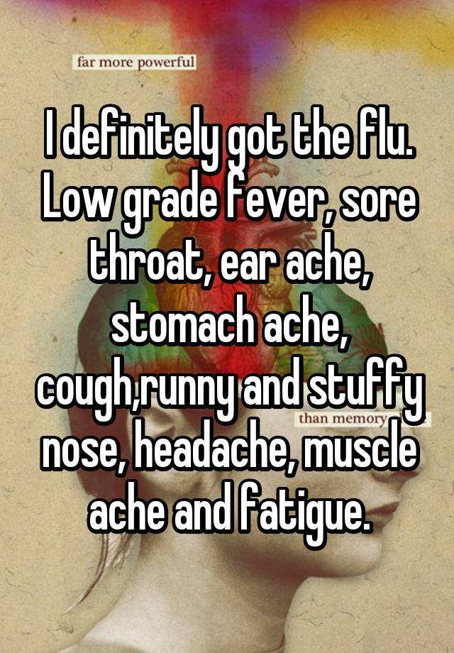 I definitely got the flu. Low grade fever, sore throat, ear ache, stomach ache, cough,runny and stuffy nose, headache, muscle ache and fatigue.